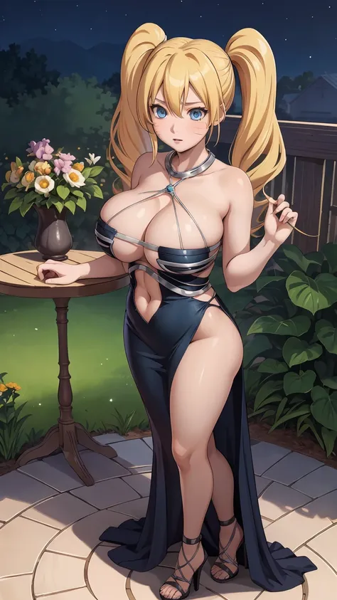 masterpiece, ultra high-quality, extremely detail 8k cg, high resolution, 1girl, narukouzumaki, twintails, wisker marks, blonde hair, blue eyes, perfect eyes, thin body, huge breasts, bursting breasts, evening gown, halterneck, criss-cross halter, high hee...