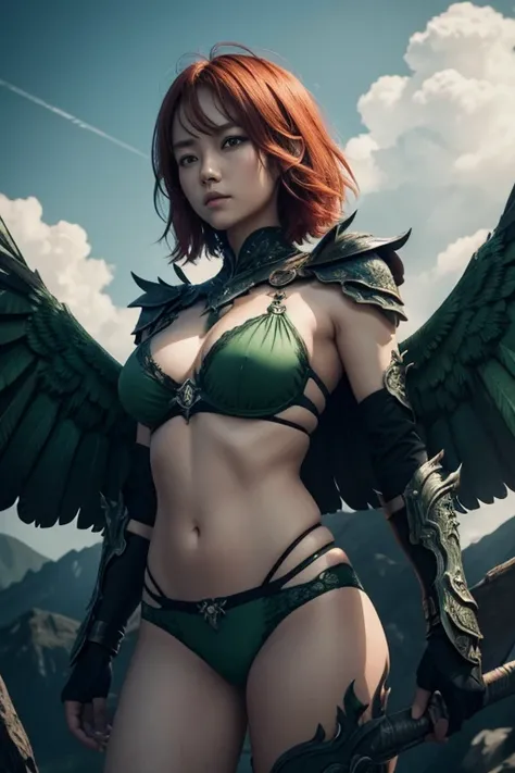 A orange short hair harpie lady, harpie Warrior lady，(((On the arms there is a pair of large green color wings)))，（（Black metal intricated elaborated black armor）），high detail，（beautiful face), Black bikini armor，long red hair，eagle feet, sky and clouds ba...