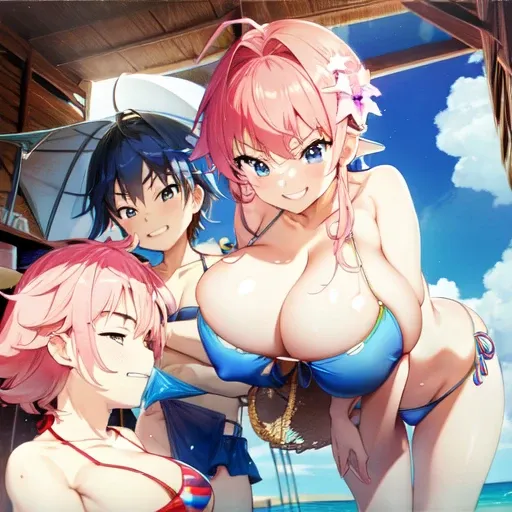 Huge breasts、Bikini later sister、blue bikini swimsuit、Grinning boy、Annoyed older sister