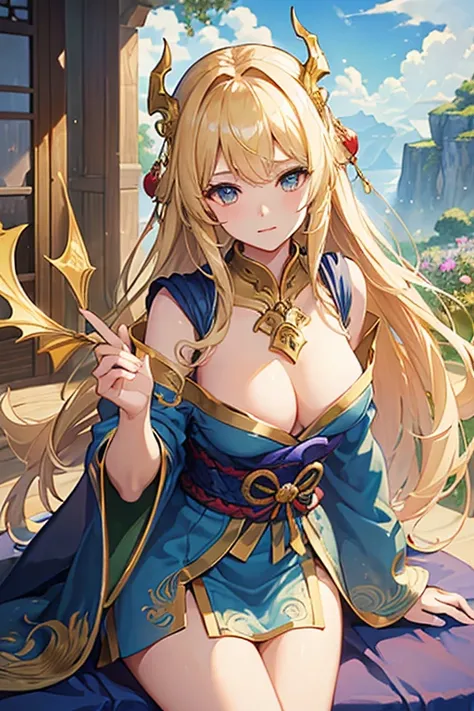 ((masterpiece、highest quality、highest quality、An illustration、Intricate details))、girl 、Outdoor、Ride the Dragon、golden knight、Golden Dragon、Final Fantasy、Long blonde、peace、Golden Aura、Beauty、Adult、Open chest、Bare thighs、Cape、pterosaur、Healing、blue sky、Long...