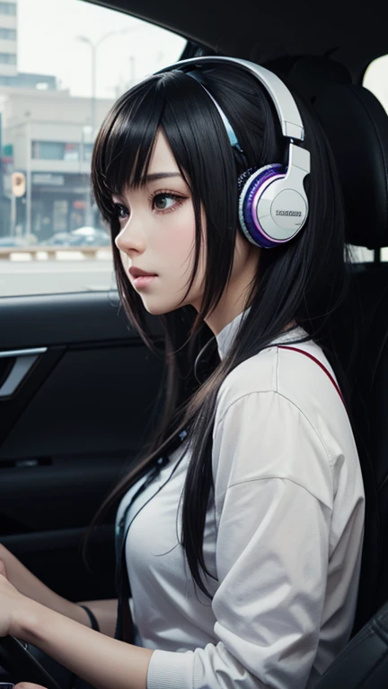 arafed image of a girl with headphones on sitting in a car, artwork in the style of guweiz, guweiz, beautiful anime girl, realistic anime 3 d style, beautiful anime portrait, high quality portrait, anime girl, anime vibes, attractive anime girl, with headp...