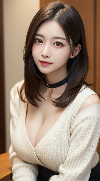 On the table, best quality, Photorealistic, Fine details, high resolution, 8k wallpaper, Perfect dynamic composition, Beautiful and delicate eyes, Medium Length Hair, plump big breasts, Casual and sexy pose,chest together、(Stand collar cropped vest，White s...