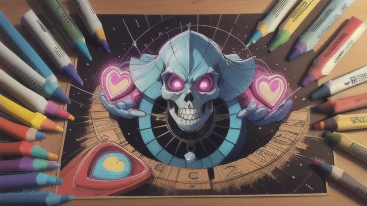 Drawing color crayons rainbow Cartoon art perspective glow cute board alice in wordeland painting line crazy punk skull cute heart star aztec smiley circle triangle square y2k creepy cards deck aces eyes teeth happy devil circus mechanism machinery obivlio...