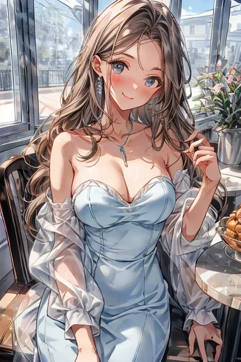 (higher resolution, distinct_image) The best quality, a woman, masterpiece, highly detailed, semi realistic, 26 years old, beautiful, young, handsome, interlaced white blue dress, small gem necklace on neck, exterior, cafe seat, window, sitting, afternoon,...