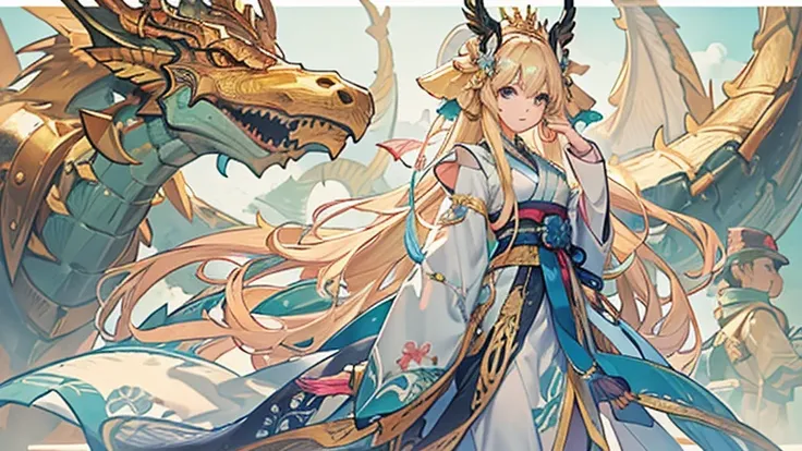 ((masterpiece、highest quality、highest quality、An illustration、Intricate details))、girl 、Outdoor、Ride the Dragon、golden knight、Golden Dragon、Final Fantasy、Long blonde、peace、Golden Aura、Beauty、Adult、Open chest、Bare thighs、Cape、pterosaur、Healing、blue sky、Long...