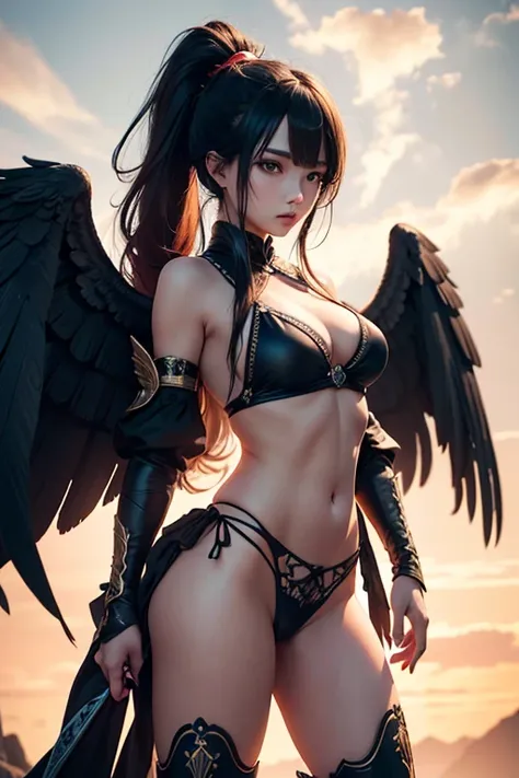 A green long hair in a pompuous pony tail harpie lady, harpie caucasian Warrior lady，(((On the arms there is a pair of large Black color wings)))，（（Wearing an intricated elaborated blue armor and long boots）），high detail，（beautiful face), Black bikini armo...