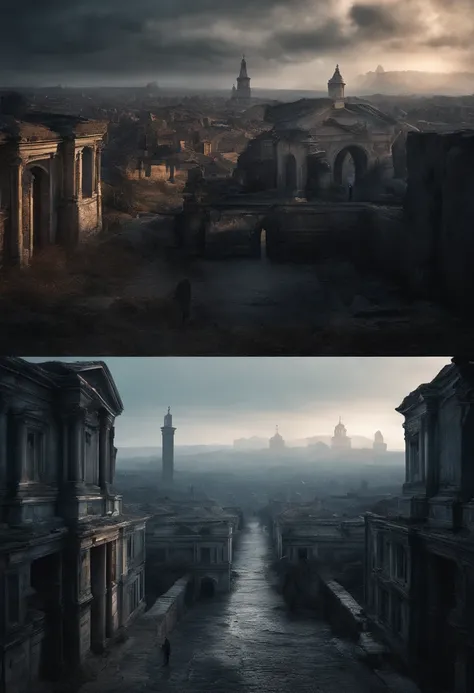 Dark theme, cold colors, Realistc, dark fantasy, perfect detailed, high contrast, 1yong (a 17-year-old from the 19th century), high depth, through a city in ruins (classical architecture), open background, panoramic scenery, with varying distances.