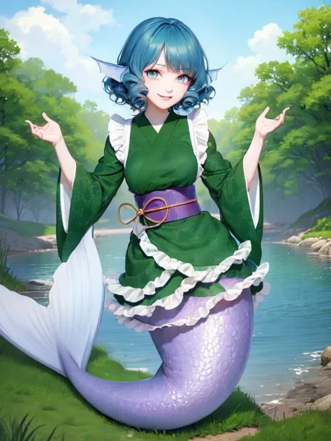 anime, (masterpiece, best quality:1.2), underwater, solo, 1girl, wakasagihime, smile, looking at viewer, mermaid, drill hair, japanese clothes, frills, green kimono, wide sleeves, sash, obi