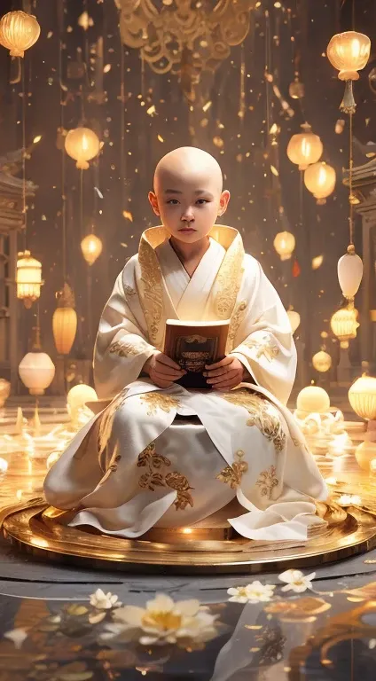 There was a baby sitting on a golden plate reading a book, Chinese Fantasy, yanjun chengt, palace ， Girl wearing Hanfu, Portrait shoot,  Has magical powers, 3D Rendering Character Art 8K, Ross Tran 8K, Cute numbers, Inspired by Wu Bin, rossdraws Global Ill...