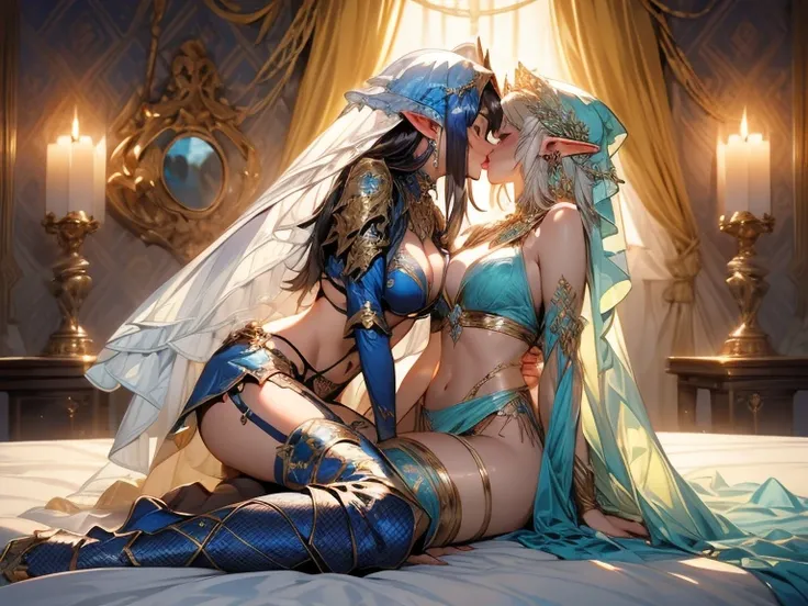 2 women, (((kissing, facing each other, in bed))), female knights, pauldrons, gauntlets, shiny knight armor, micro bikini, chainmail bikini, leather straps, nipple slip, reverse bunny suit, ((fishnet stockings, garter belt)), brunette, blonde, platinum blo...