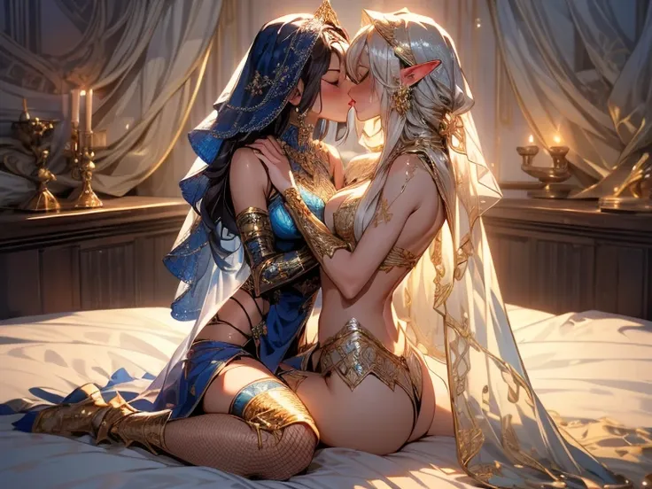 2 women, (((kissing, facing each other, in bed))), female knights, pauldrons, gauntlets, shiny knight armor, micro bikini, chainmail bikini, leather straps, nipple slip, reverse bunny suit, ((fishnet stockings, garter belt)), brunette, blonde, platinum blo...