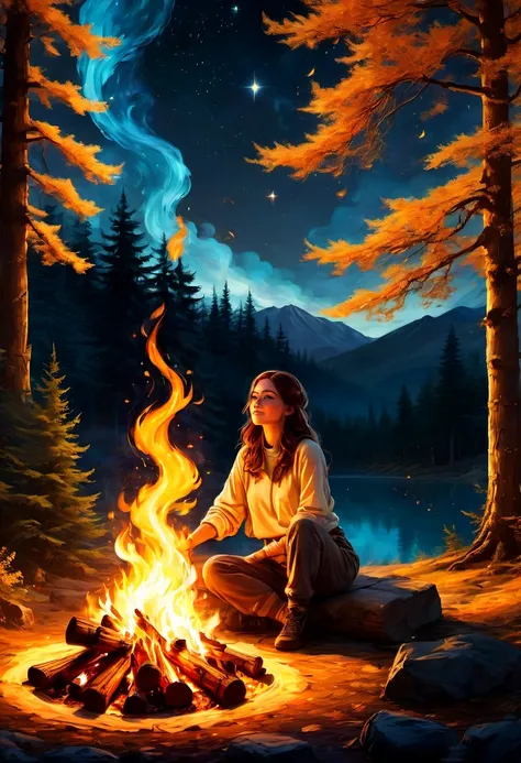 1girl, Campfire, aesthetic, (blazing campfire,crackling flames,majestic bonfire),(best quality,ultra-detailed,realistic:1.37),warm golden glow,vivid colors,wooden logs,burning embers,flickering light,dancing shadows,smoke rising from the fire,sparkling spa...