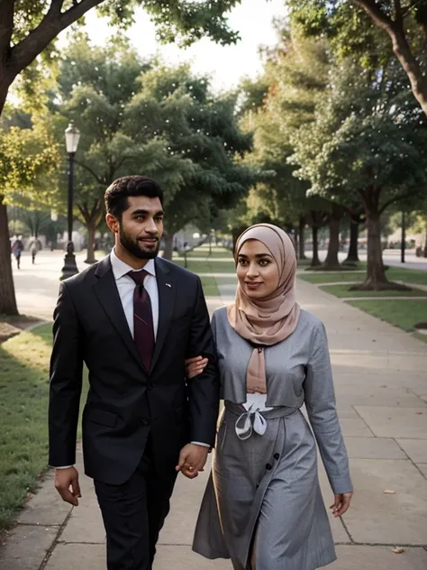 caricature of a man wearing a tie, and a Muslim woman. holding hands, in the park, realistic