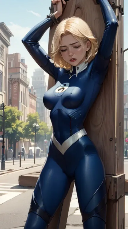 (Highly quality, masterpiece, detailed), city detailed scenario, city detailed background, (x shaped pasting stand), (hands up, spread hands, in stocks pose:1.4), 1girl, Susan Storm, blue eyes, blonde hair, full body blue bodysuit, sleeves, perfect face, b...