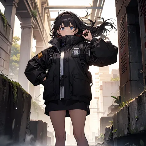 highest quality, Ruins of the future, cool,  Oversized black shell jacket,Thick legs, expedition