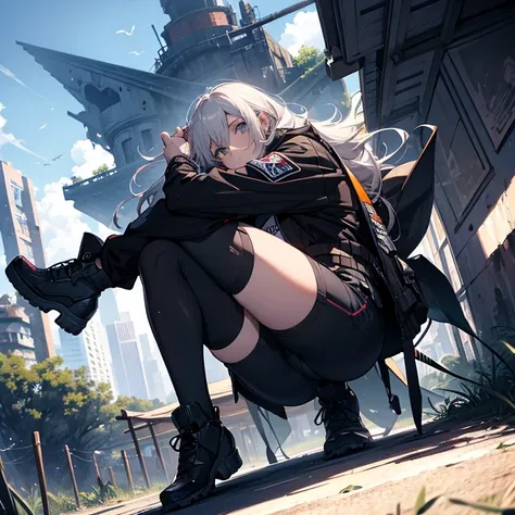 highest quality, Ruins of the future, cool,  An oversized black shell jacket flutters,Thick legs, expedition, dutch angle