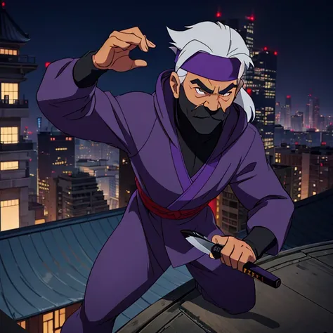 Old Asian man, 60s, long gray hair, head plate, ninja, black and purple superhero costume, ninja hand sign, located on top of building overlooking city, headband, thick (white mustache), hood, ninja knife.