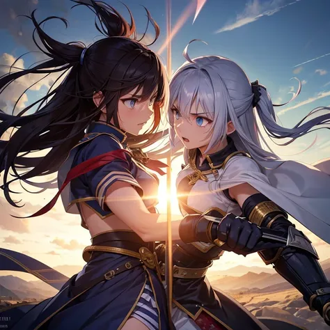 intense eyes,strong-willed,courageous,sharp blades,scenic background,fierce battle,blowing hair,determined expression,sword fight,vivid colors,strong shadows,rays of light,emotionally charged,action-packed scene