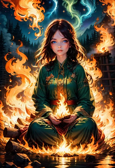 1girl, Campfire, aesthetic, (blazing campfire,crackling flames,majestic bonfire),(best quality,ultra-detailed,realistic:1.37),warm golden glow,vivid colors,wooden logs,burning embers,flickering light,dancing shadows,smoke rising from the fire,sparkling spa...