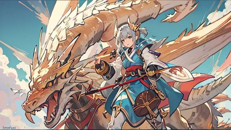 Man riding a dragon, Final Fantasy Tactics characters, teenage girl Ride the Dragon, Mechanized Valkyrie Girl, From Xenoblade Chronicles, Ride the Dragon, dragon rider, final fantasy 1 2 style,Thin golden dragon,Cape,Open chest、Bare thighs,pterosaur,Healin...