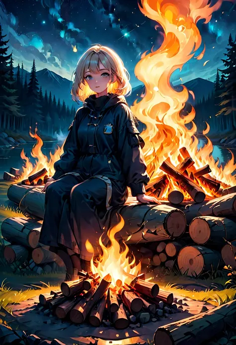 1girl, Campfire, aesthetic, (blazing campfire,crackling flames,majestic bonfire),(best quality,ultra-detailed,realistic:1.37),warm golden glow,vivid colors,wooden logs,burning embers,flickering light,dancing shadows,smoke rising from the fire,sparkling spa...