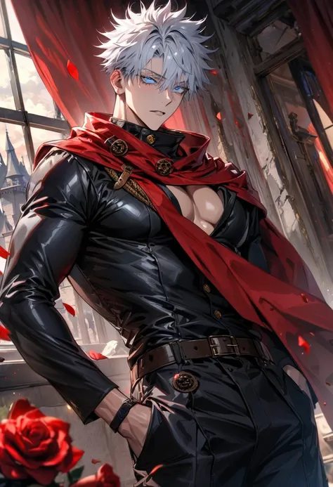 absurdres, highres, ultra detailed, HDR, masterpiece, Gojo Satoru, white hair with bangs, hair between the eyes, expressive blue eyes, white eyelashes, Jujutsu Kaisen, solo, sexy man, very handsome, window, red curtains, castle, red roses, red petals, tigh...