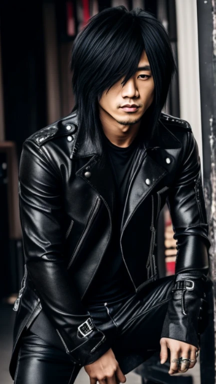 1 male Japanese rocker, Asian eyes, Ultra detailed face and eyes, Hyperrealistic, realistic representation, shoulder length hair, 30 years old, muscular, broad shoulders, wearing black rocker clothes, he wears boots