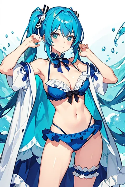 Anime girl, with blue hair, wearing a frilly bikini 