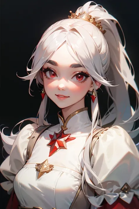 (highest quality, masterpiece:1.2), High resolution, Very detailed, Realistic:1.37, Fantasy, An illustration,Gray Hair、 Red eyes、Queen, White Dress、Platinum decoration、beautifully、Eyeshadow Red、Thick eyebrows、Long eyelashes、pupils are black、shiny on the li...