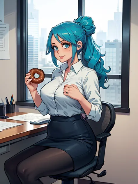 art by kipteitei, 1girl, (aqua blue hair), long wavy hair, hair up, blue eyes, black pencil skirt, dress shirt, (black tights), ...