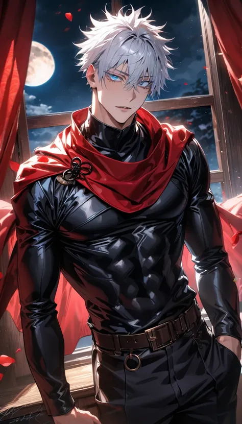 absurdres, highres, ultra detailed, HDR, masterpiece, Gojo Satoru, white hair with bangs, hair between the eyes, expressive blue eyes, white eyelashes, Jujutsu Kaisen, solo, sexy man, very handsome, window, red curtains, moon, red roses, red petals, fantas...