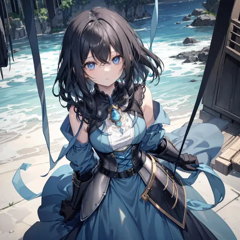 very close to viewers, from above, slim and long, girlan extremely delicate and beautiful girl, young girl, black short hair, long curly hair, colored inner hair, ?, beautiful detailed eyes, medium chest circumference, metal armor, pale blue Clothes,