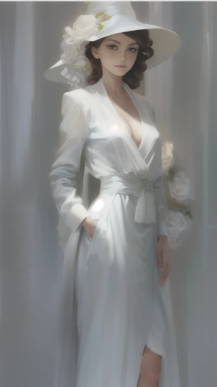 painting of a woman in a white dress and hat, posing for a picture, elegant digital painting, digital art of elegance, стиль cha...