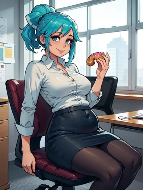 art by kipteitei, 1girl, (aqua blue hair), aqua blue hair, hair up, blue eyes, black pencil skirt, dress shirt, (black tights), happy expression, (skinny), [stuffed belly], (holding donut), sitting in office, leaning back in chair, fancy office background ...