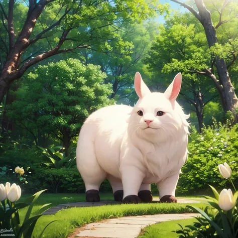 Un cerdito estilo anime en un bosque Rodeado de arboles y tulipanes.