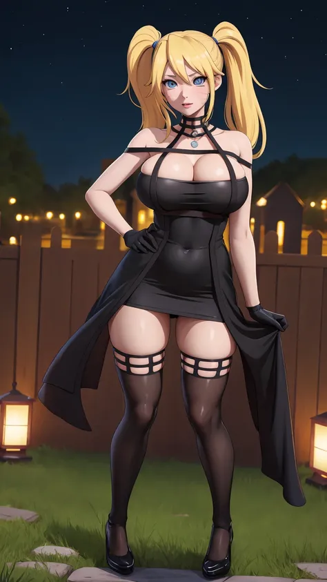 masterpiece, best quality, extremely detail 8k cg, high resolution, 1girl, narukouzumaki, twintails, wisker marks, blonde hair, blue eyes, perfect eyes, slim body, huge breasts, bursting breasts, standing, black dress, black thighhighs, black gloves, seduc...