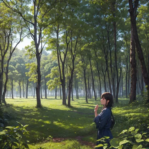 Un bosque frondoso, tarde lluviosa. Arboles tan altos casi tocando el cielo. Lluvia