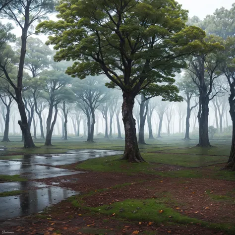 Un bosque frondoso, tarde lluviosa. Arboles tan altos casi tocando el cielo. Lluvia