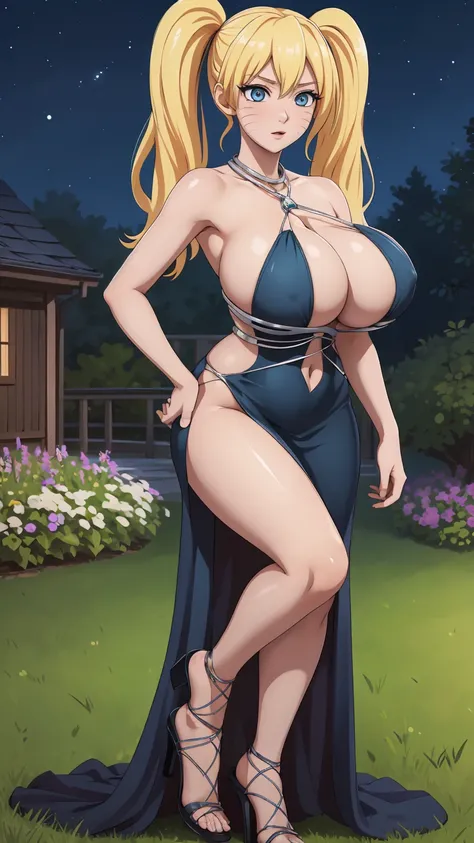 masterpiece, ultra high-quality, extremely detail 8k cg, high resolution, 1girl, narukouzumaki, twintails, wisker marks, blonde hair, blue eyes, perfect eyes, thin body, huge breasts, bursting breasts, evening gown, halterneck, criss-cross halter, high hee...