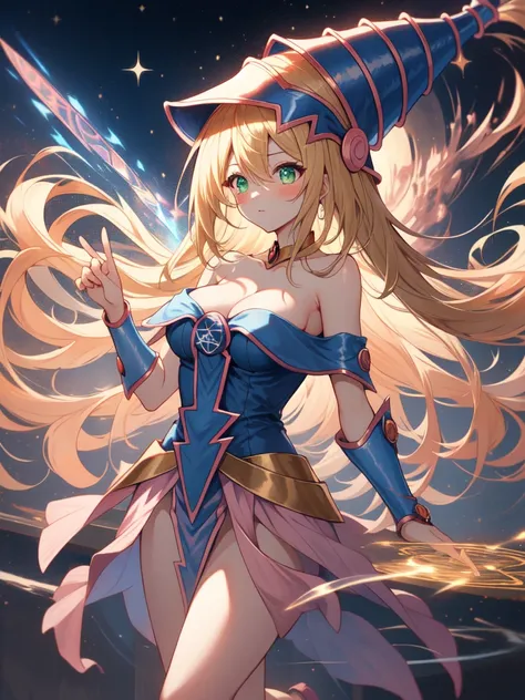 dark magician girl, duel monster, blush stickers, blonde hair, green eyes, long hair, breasts, blush, bangs, large breasts, hair between eyes, pentacle, pentagram, hat, dress, cleavage, bare shoulders, collarbone, choker, blue headwear, wizard hat, bracer,...