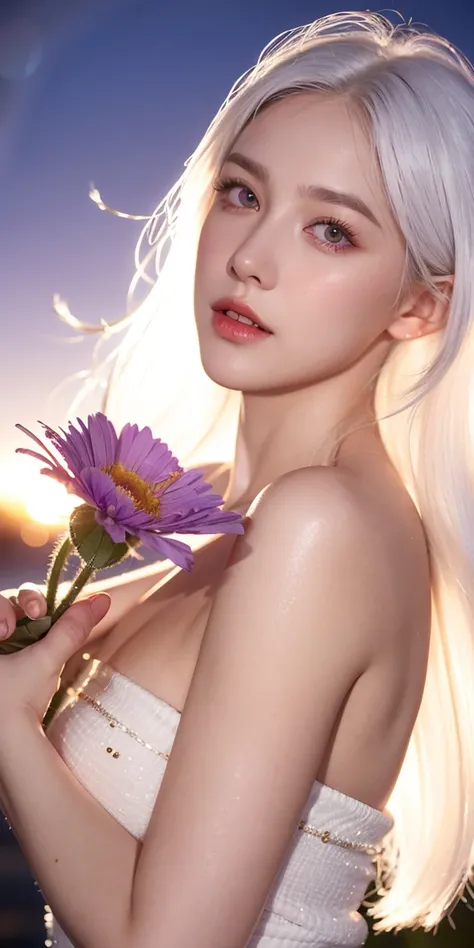 realistic, 1 woman, white hair, purple eyes, shining eyes, naked+pubic hair,  Chapped lips, Blush, at night, flower, sun, sunlight,