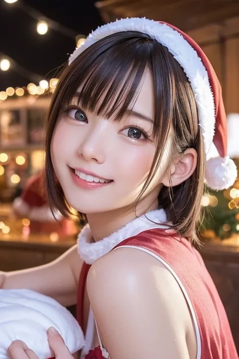 (((pink and white theme)))、(((Santa Claus Costume))),(((View your viewers:1.5))),(((Shoot a girl from the side))),Ulzzang-6500-v1.1, (RAW Photos:1.2), (Like the picture:1.4), Beautiful detailed girl, Very detailed目と顔, Beautiful fine details, Very detailed,...