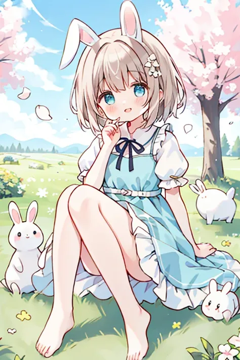 (masterpiece,highest quality), One girl,,Flat Chest, 一人in, 一人in focus, (animal ears, Bunny ears), barefoot, Raise your knees, dress, Sitting, Short sleeve, looking at vieiner, Grass, short hair, smile, inhite hair, Puffy sleeves, Outdoor, puffy Short sleev...