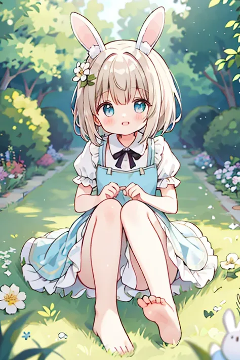 (masterpiece,highest quality), One girl,,Flat Chest, 一人in, 一人in focus, (animal ears, Bunny ears), barefoot, Raise your knees, dress, Sitting, Short sleeve, looking at vieiner, Grass, short hair, smile, inhite hair, Puffy sleeves, Outdoor, puffy Short sleev...