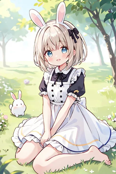 (masterpiece,highest quality), One girl,,Flat Chest, 一人in, 一人in focus, (animal ears, Bunny ears), barefoot, Raise your knees, dress, Sitting, Short sleeve, looking at vieiner, Grass, short hair, smile, inhite hair, Puffy sleeves, Outdoor, puffy Short sleev...