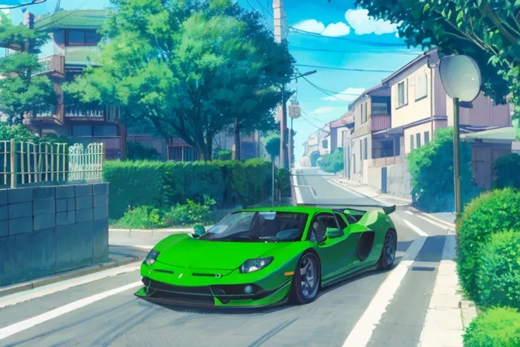 arafed green sports car driving down a street in a city, miura kentaro style, realistic anime 3 d style, japanese cartoon style, lofi artstyle, anime style. 8k, anime style 4 k, kentaro miura style, in style of kentaro miura, inspired by Kentaro Miura, ani...