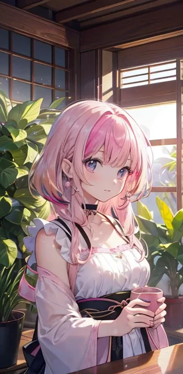 ((masterpiece)), chest, Looking_in_Audience, short hair, (Multicolor_eye:1.5), (pink hair:1.8), 前hair, green_eye, ((Light_smile)), (length locks:1.4), (ribbon earrings) , masterpiece, 最high quality, high quality, Absurd, 光沢ofある肌, colorful, Dynamic pose, Gr...