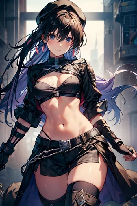 ubel,dark green hair,long hair,side ponytail,hair between eyes,bangs, BREAK (beret, black jacket, open clothes, cleavage, midriff, black shorts, black thighhighs, thigh strap, fingerless gloves, single glove:1.2), Photo,sharpness, F1.6 lens,hyper-realistic...