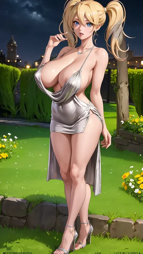 masterpiece, best quality, extremely detail 8k cg, high resolution, 1girl, narukouzumaki, twintails, wisker marks, blonde hair, blue eyes, perfect eyes, skinny body, huge breasts, bursting breasts, LuxuriousWheelsCostume, silver dress, high heels, outdoors...