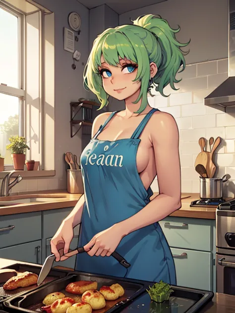 art by kipteitei, 1girl, (light green hair), short wavy hair in ponytail, blue eyes, (naked), ((blue apron)), happy expression, (skinny), (holding frying pan), standing, looking at viewer fancy kitchen with windows and counters, perfect shading, field of d...